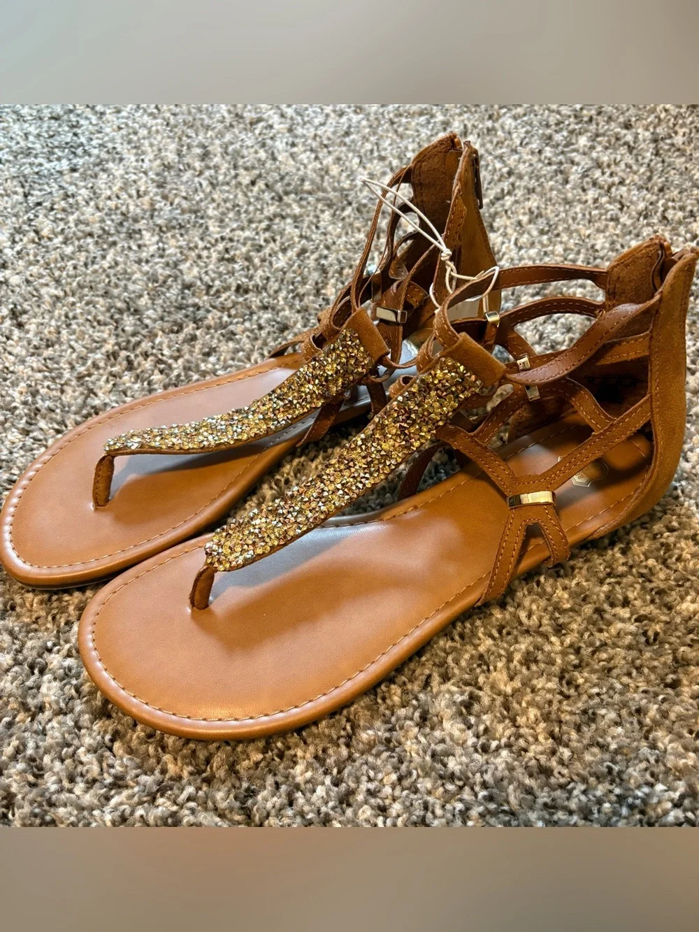 Women's Brown T-Strap Sandals with Gold Glitter Accents